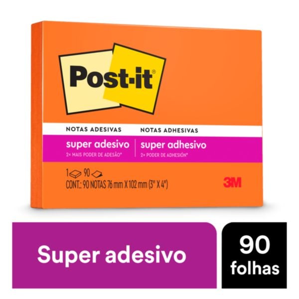 Bloco de Notas Super Adesivo 76x102mm Laranja Neon 90 FL Post-it