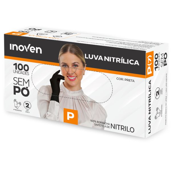 Luva Nitrílica Preta Tamanho P CX 100 UN Inoven