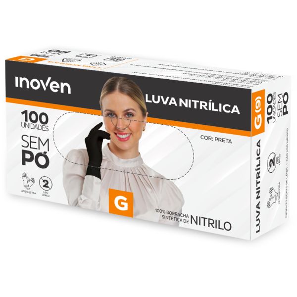 Luva Nitrílica Preta Tamanho G CX 100 UN Inoven