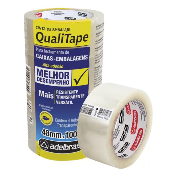 Fita Adesiva PP Transparente 48mmx100m PT C/ 4 Rolos 1 UN Adelbras