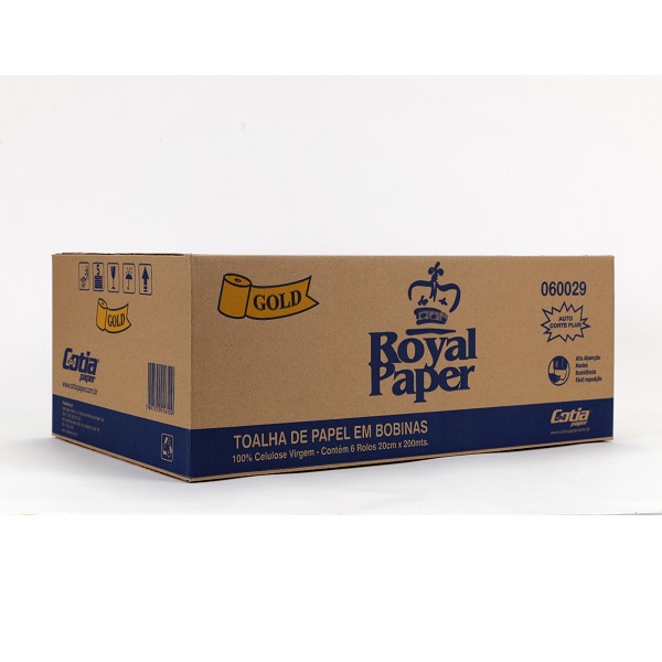 Papel Toalha Bobina Auto corte 20cm x 200m CX 6 RL Royal Paper