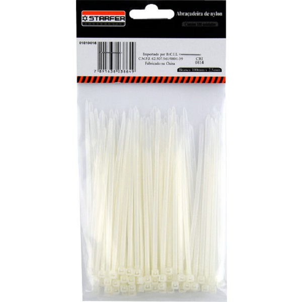 Abraçadeira de Nylon Branca 100x2,5mm PT 100 UN Barzel