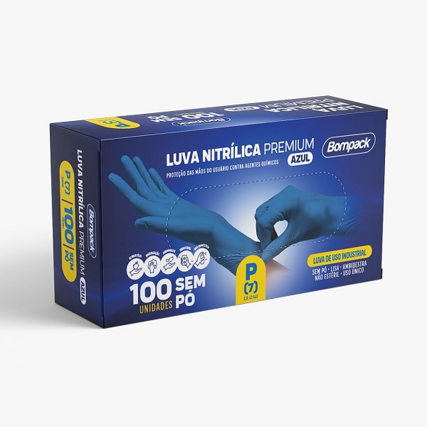 Luva Nitrílica Premium Azul P CX 100 UN Bompack