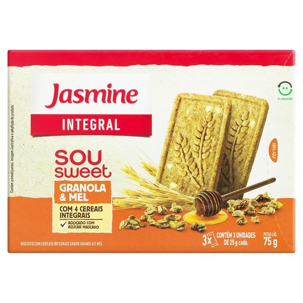 Biscoito Sou Sweet Integral Granola e Mel 75g CX 3 UN Jasmine