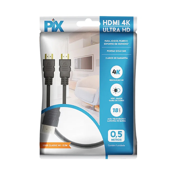 Cabo HDMI 2.0 HDR 4K 19 Pinos 0,5m 1 UN Pix