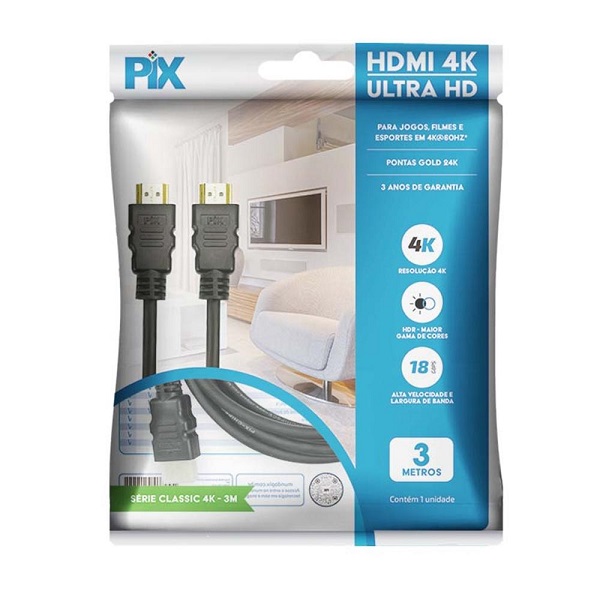 Cabo HDMI 2.0 HDR 4K 19 Pinos 3m 1 UN Pix