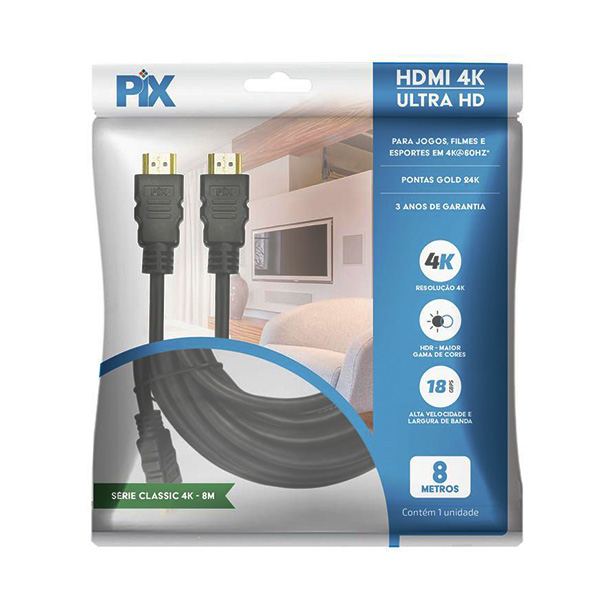 Cabo HDMI 2.0 HDR 4K 19 Pinos 8m 1 UN Pix