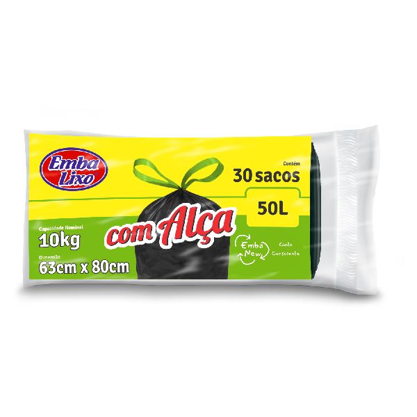 Saco de Lixo Reforçado 50L Preto com Alça PT 30 UN Embalixo