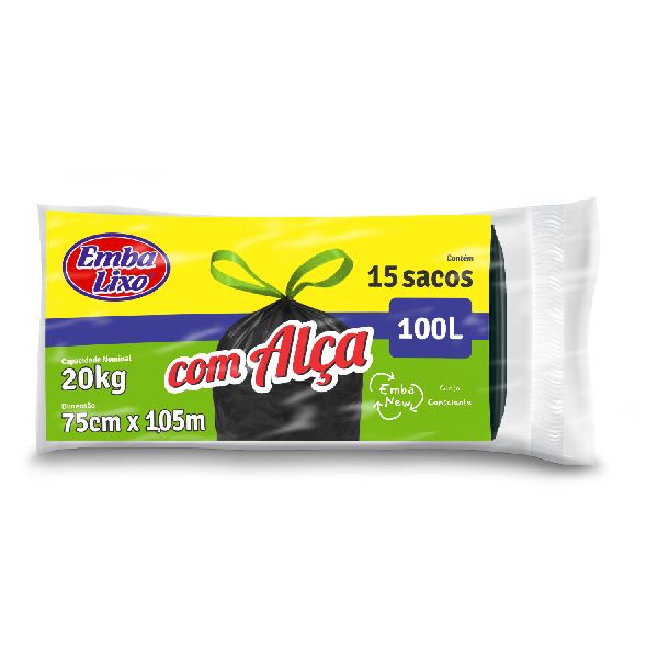 Saco de Lixo Reforçado 100L Preto com Alça PT 15 UN Embalixo