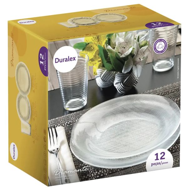 Aparelho de Jantar Diamante 12 PC (4 Pratos 23cm, 4 Pratos Fundos 22,4cm e 4 Copos 265ml) Nadir