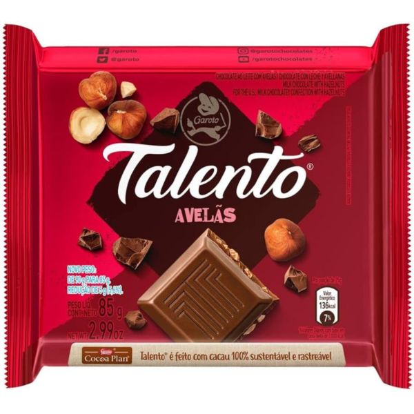 Chocolate Talento ao Leite Avelãs 85g 1 UN Talento
