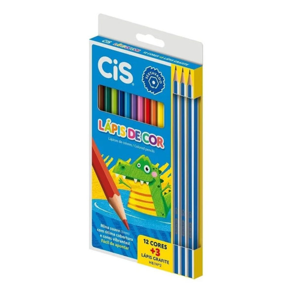Lápis de Cor Sextavado 12 Cores e 3 Lápis Preto 15 UN Cis