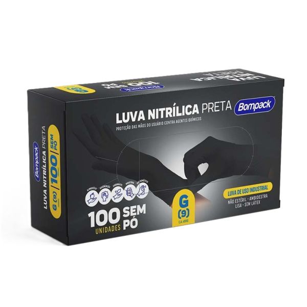 Luva Nitrílica sem Pó Preto G CX 100 UN Bompack