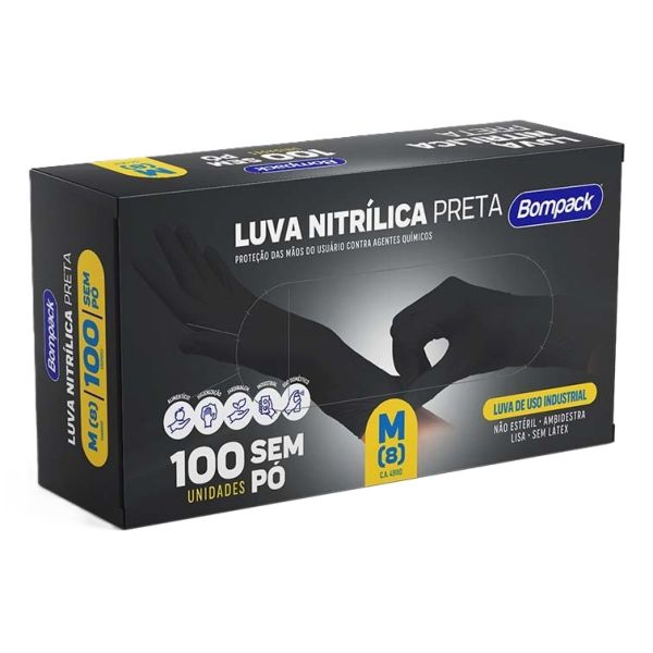 Luva Nitrílica sem Pó Preto M CX 100 UN Bompack