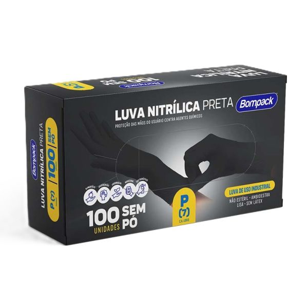 Luva Nitrílica sem Pó Preto P CX 100 UN Bompack