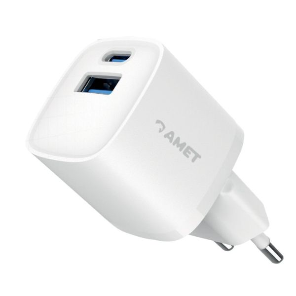 Carregador de Parede AMET GAN 25W 1 USB-C + 1 USB-A Branco 1 UN
