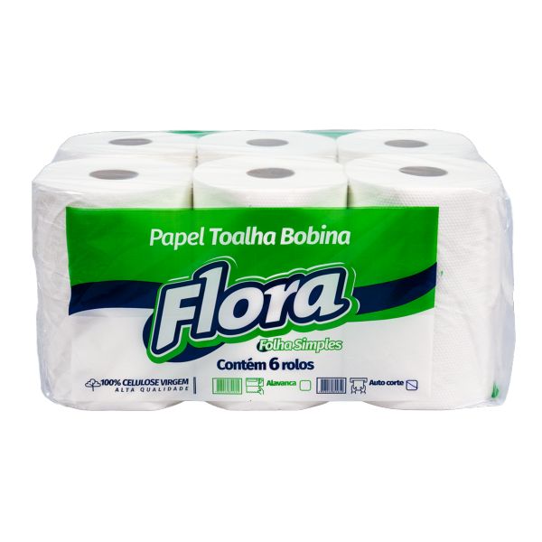 Papel Toalha Bobina Auto-Corte Flora Papéis 20cm x 150m PT 6 UN