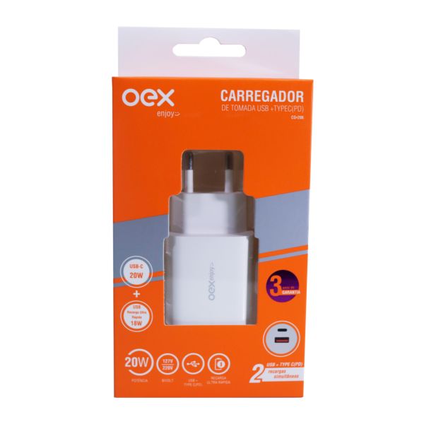 Carregador de Tomada USB + TYPE-C CG206 Branco 1 UN OEX