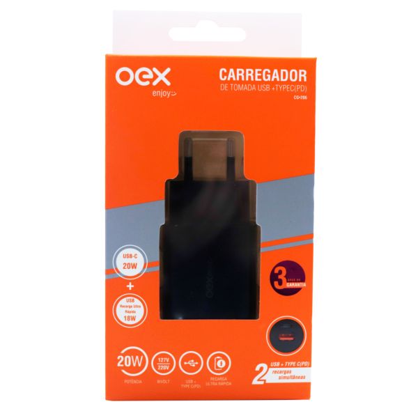 Carregador de Tomada USB + TYPE-C CG206  Preto 1 UN OEX