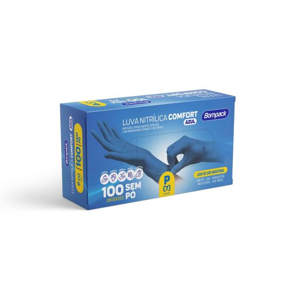 Luva Nitrílica Confort sem Pó Azul P CX 100 UN Bompack