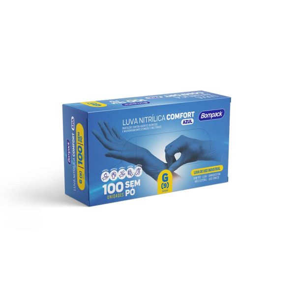 Luva Nitrílica Confort sem Pó Azul G CX 100 UN Bompack