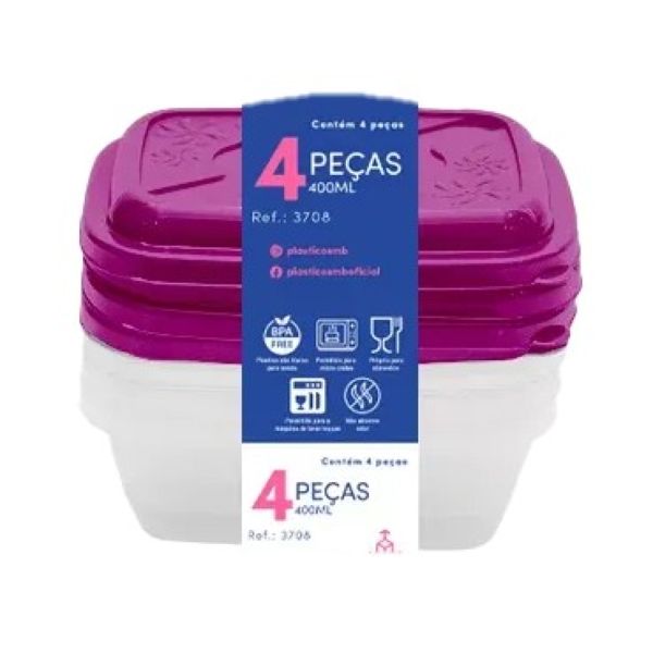 Conjunto de Potes Retangulares Everyday 400ml 4 Peças Plásticos MB