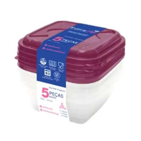 Conjunto de Potes Retangulares Everyday 800ml 5 Peças Plásticos MB