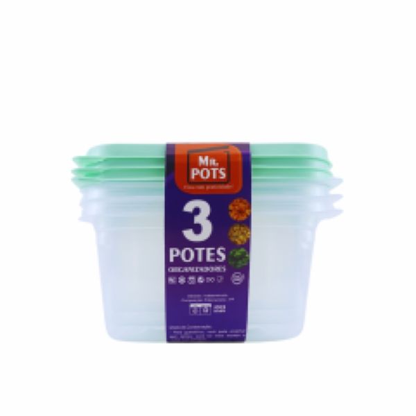 Kit Pote Plástico Multiuso Mr. Pots Quadrado 1300ml Clear Verde Pastel
