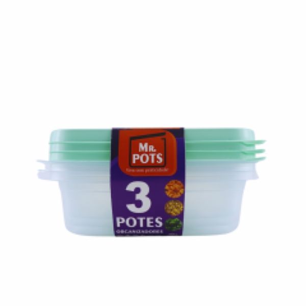 Kit Pote de Plástico Mr. Pots Multiuso Quadrado 700ml Clear Verde Past