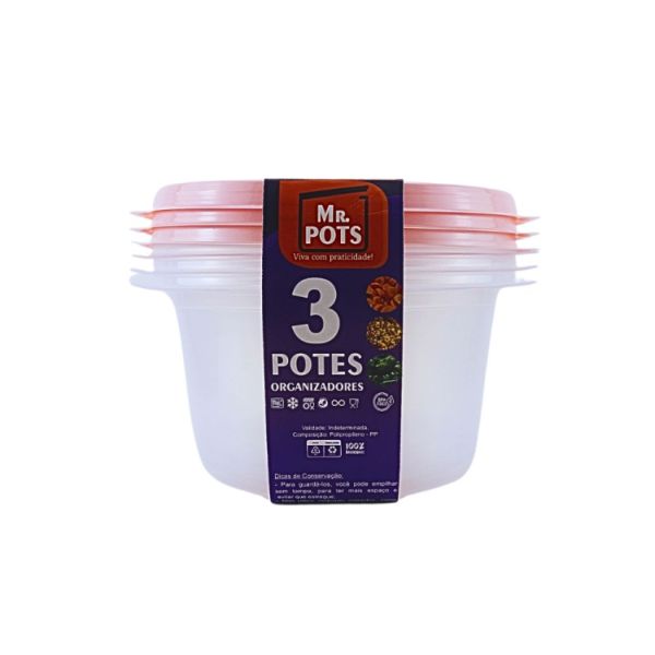 Kit Pote de Plástico Mr. Pots Multiuso Redondo 1100ml Clear Rosa Paste