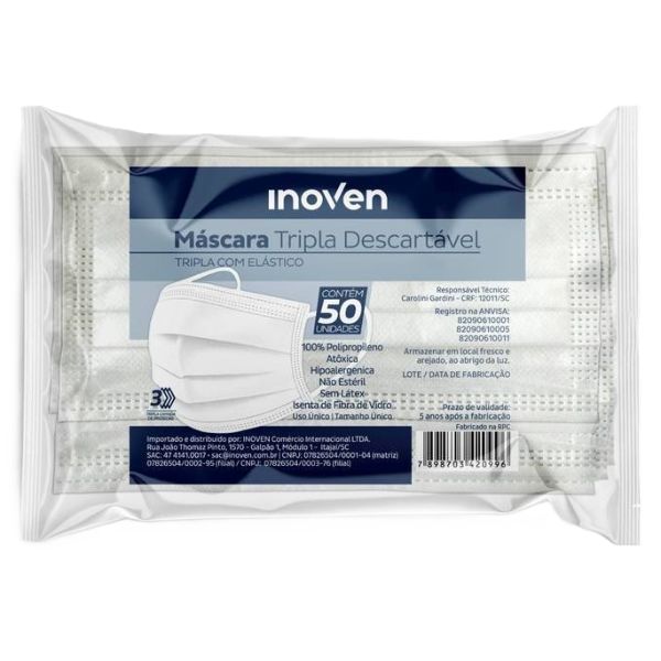 Máscara Descartável Tripla Proteção em TNT Branco CX 50 UN Inoven