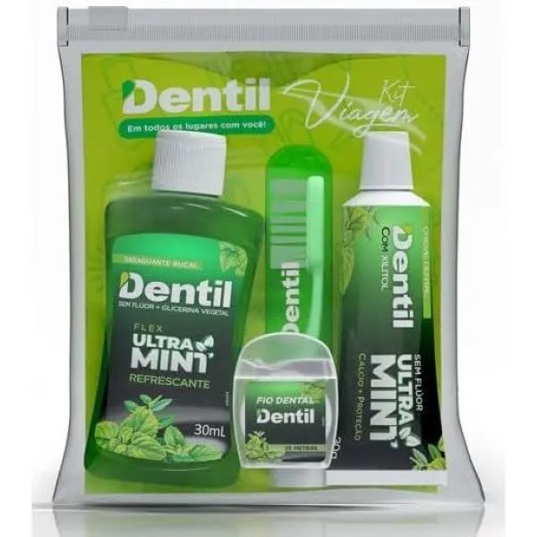 Kit Viagem Dentil Ultra Mint Escova Creme Fio e Enxaguante Verde 1 UN