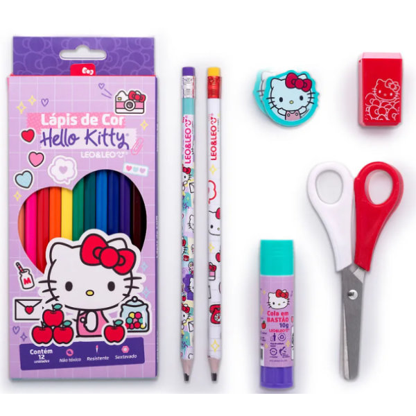 Lápis de Cor Leo e Leo Kit Escolar Hello Kitty 12 Cores 1 UN
