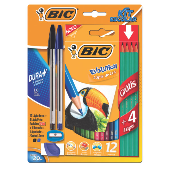 Kit Escolar BIC 12 Lápis de Cor Sextavados 4 Lápis Grafite 2 Canetas A