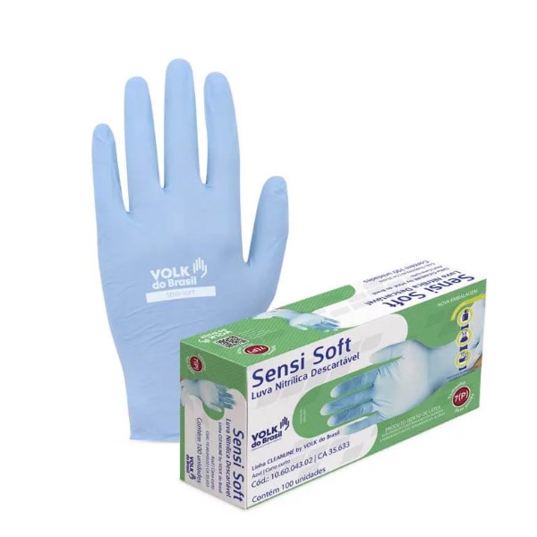 Luva Nitrilica Volk Sensi Soft Azul sem Taclo P Descartável CX C/100 U