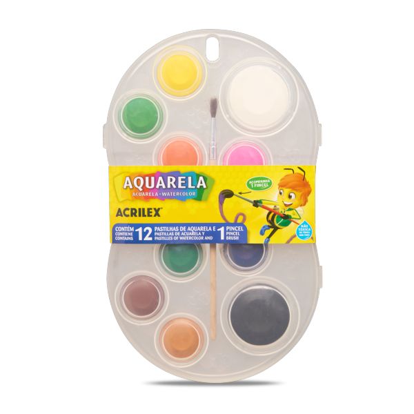 Aquarela em Pastilhas Acrilex com 12 Cores e Pincel Efeito Aquarela 1