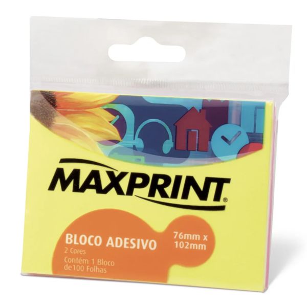 Bloco de Notas Adesivo Maxprint 76x102mm Amarelo Rosa Neon 100 FL