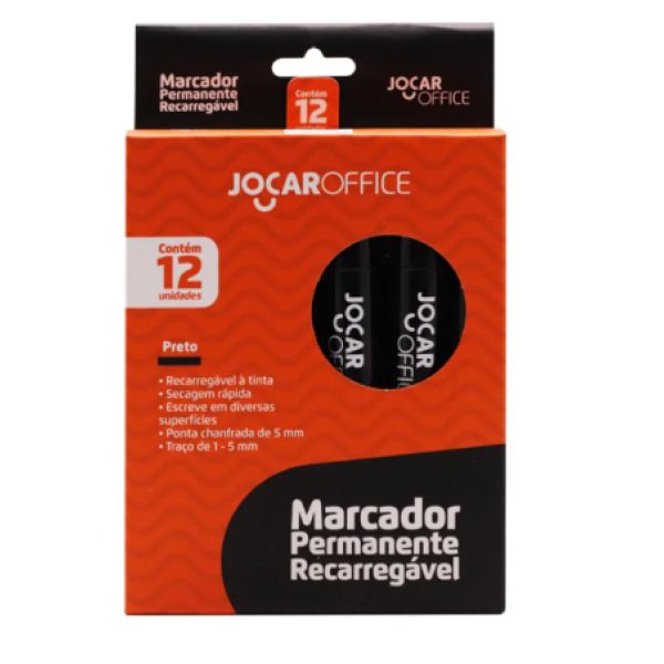 Pincel Marcador Permanente Jocar Ponta Chanfrada Preto CX 12 UN