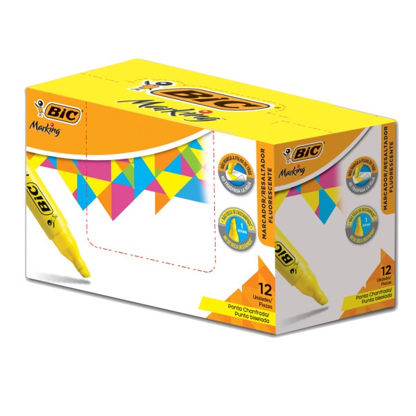 Marca Texto BIC Amarelo Florecente Marking Ponta Chanfrada CX 12 UN