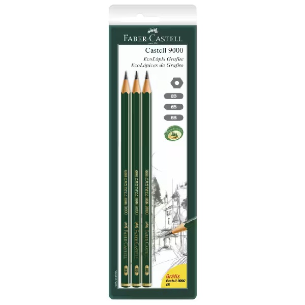 Lápis Faber Castell EcoLápis Preto 2B 6B e 8B 9000 Sextavado 3 UN