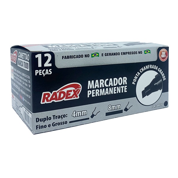 Pincel Marcador Radex Permanente Ponta Chanfrada Preto CX C/12 UN