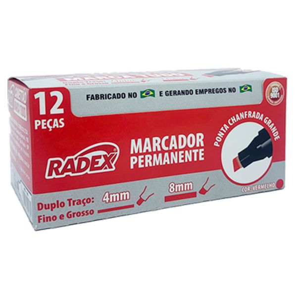 Pincel Marcador Radex Permanente Ponta Chanfrada Vermelho CX C/12 UN