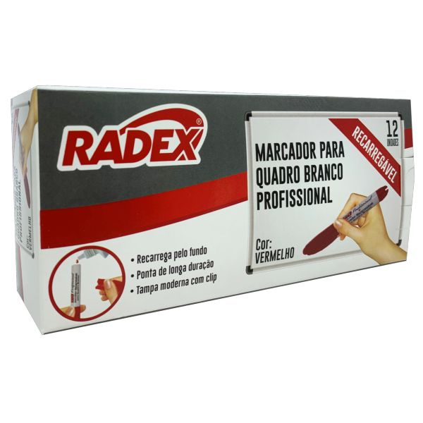 Pincel Quadro Branco Radex Recarregavel Traço 3.0mm Vermelho CX C/12 U