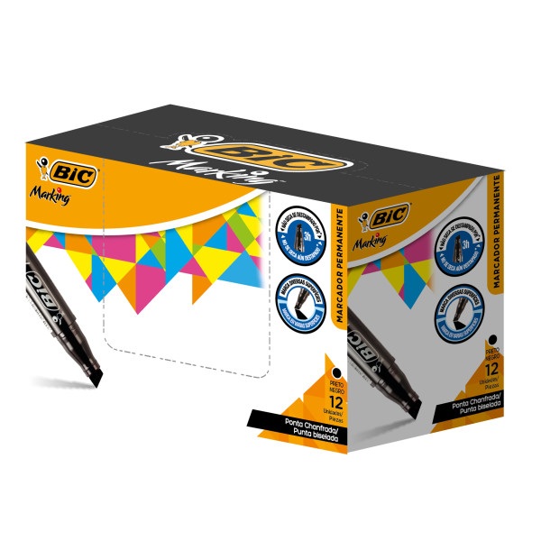 Pincel Marcador Permanente Bic Marking Ponta Chanfrada Preto CX C/12 U
