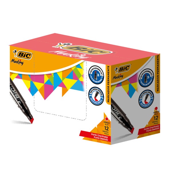 Pincel Marcador Permanente Bic Marking Ponta Chanfrada Vermelho CX C/1