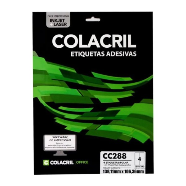Etiqueta Adesiva Colacril InkJet e Laser Carta 138,11x106,36mm Branco