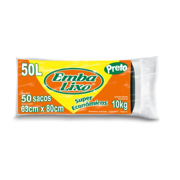 Saco de Lixo Embalixo Super Econômico 50L Preto 63x80cm PCT C/50 UN