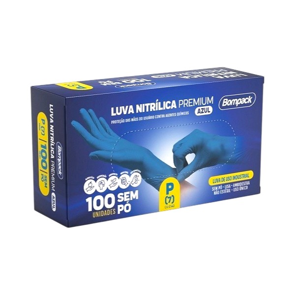 Luva de Procedimento Bompack Nitrílica Premium Tamanho P Azul CX C/ 10
