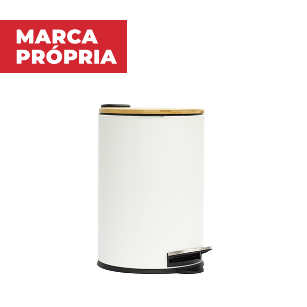 Lixeira Metalica Redonda Gimba com Tampa de Bambu 12L Branca 1 UN