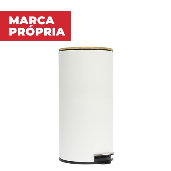 Lixeira Metalica Redonda Gimba com Tampa de Bambu 30L Branca 1 UN